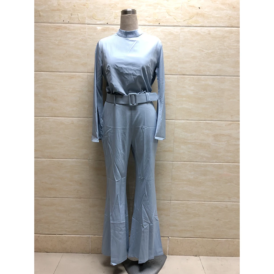 Elegant Women's Belted Rompers: Long Sleeve Bell Sleeve Jumpsuits with Wide Legs for Office Workwear and Maxi Style image 2