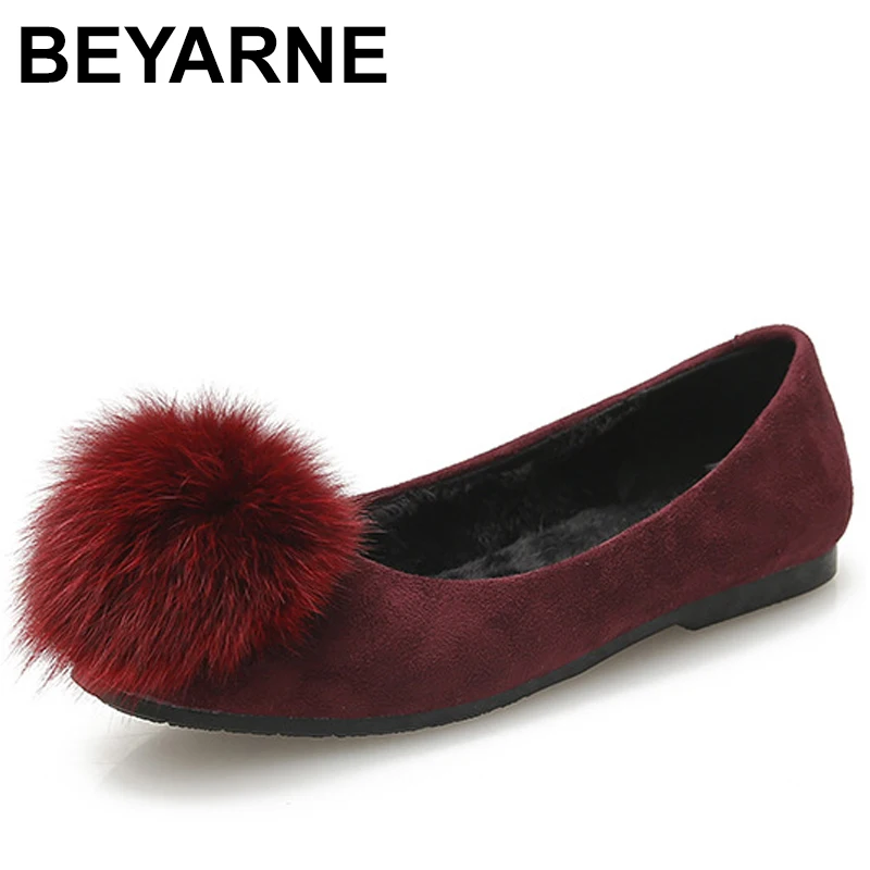 

BEYARNEFur Balls Flats Ladies Shoes Plush Warm Ballets Pompom Rabbit Hair Loafers Fluffy Shoes Woman Furry Moccasins OL ShoeE154