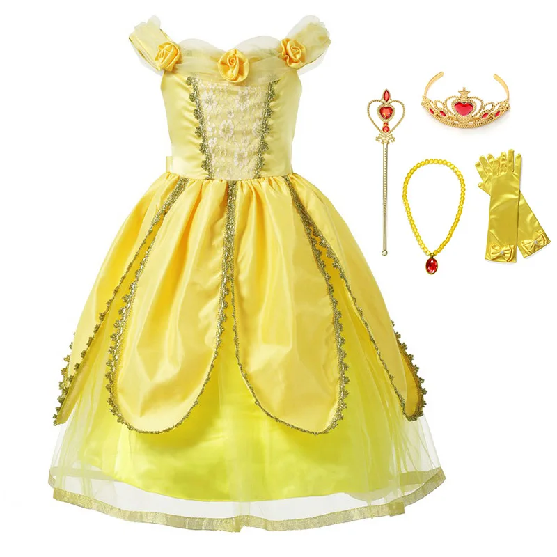 Belle Princess Dress Girl Cosplay Beauty and the Beast Costume Kids Floral Yellow Party Birthday Halloween Children's Clothing - Цвет: Dress Sets