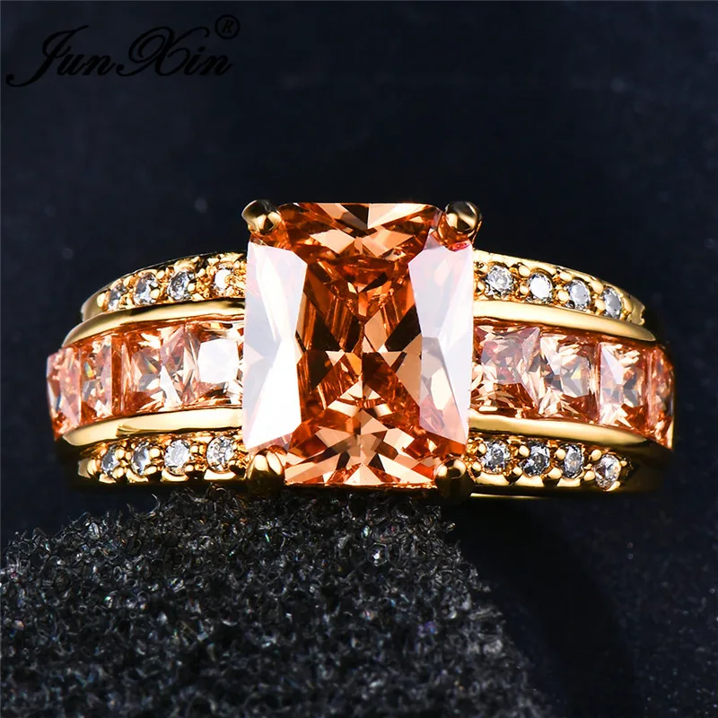 JUNXIN Brand Female Champagne Stone Square Birthstone Rings For WomenZircon Vintage Wedding Bands Yellow Gold Crystal Ring Gifts