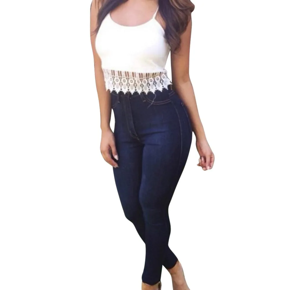 

FUNOC 2016 Autumn Winter Woman Blue Denim Skinny High Waist Elastic Jeans Pencil Slim Pants Stretch Waist Bottoms Feminina G