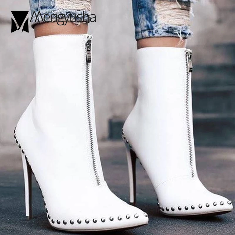 

White leather botas mujer front zip metal rivets punk boots women european and american brand riding bottines large size 41 42