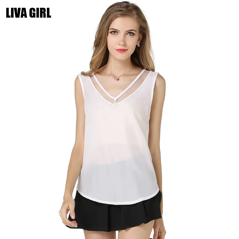 

LIVA Women Sexy V-neck Chiffon Shirts White Black Casual Sleeveless Blouse 2018 Female Summer Large Size Fashion Tops