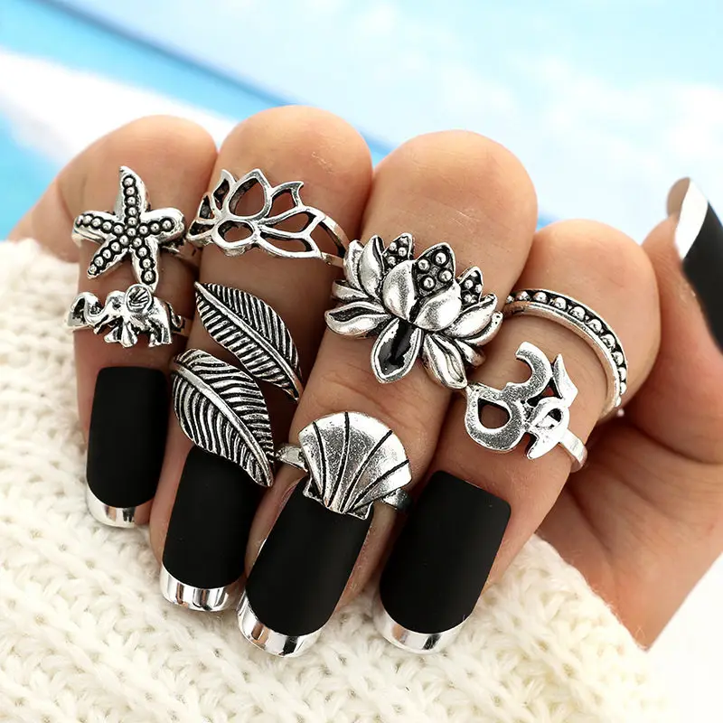 

Vintage Feather Conch Shape Mosaic Crystal Ring Set Ethic Hollow Flower Moon Ancient Silver Ring For Women Wedding Jewelry