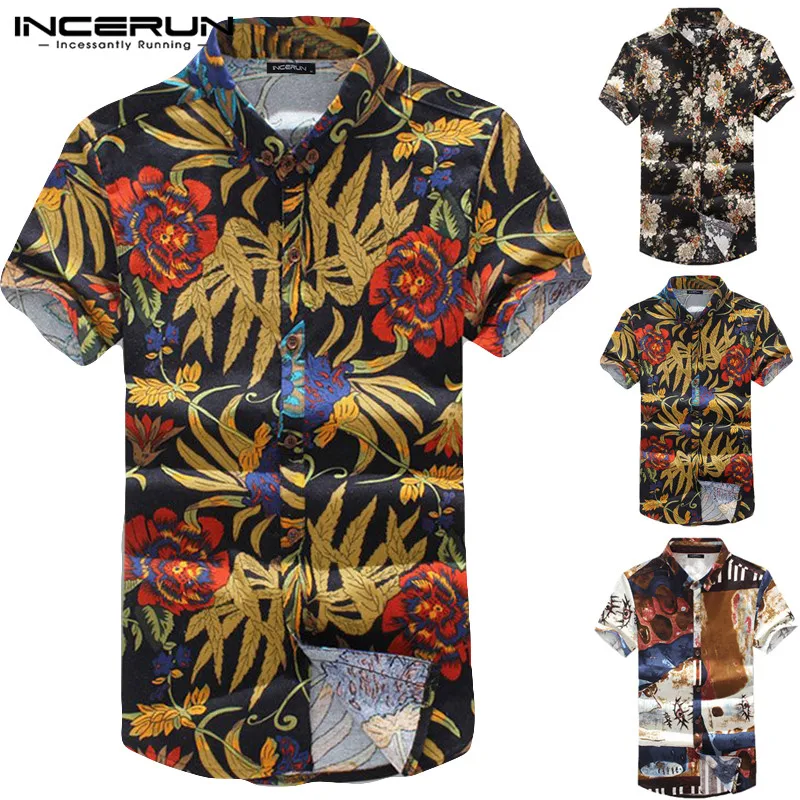 INCERUN Для мужчин 2019 свободные рубашки в стиле хип-хоп, с воротником-стойкой с национальным принтом короткий рукав комбинированная уличная