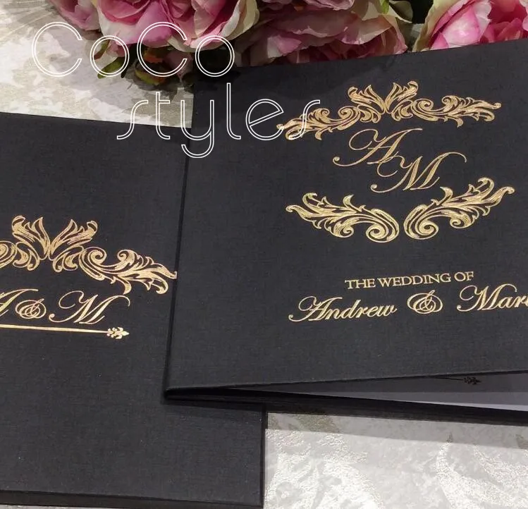  Cocostyles bespoke high end black hardcover invitation card with gold foiling printing for royal we - 32890153181