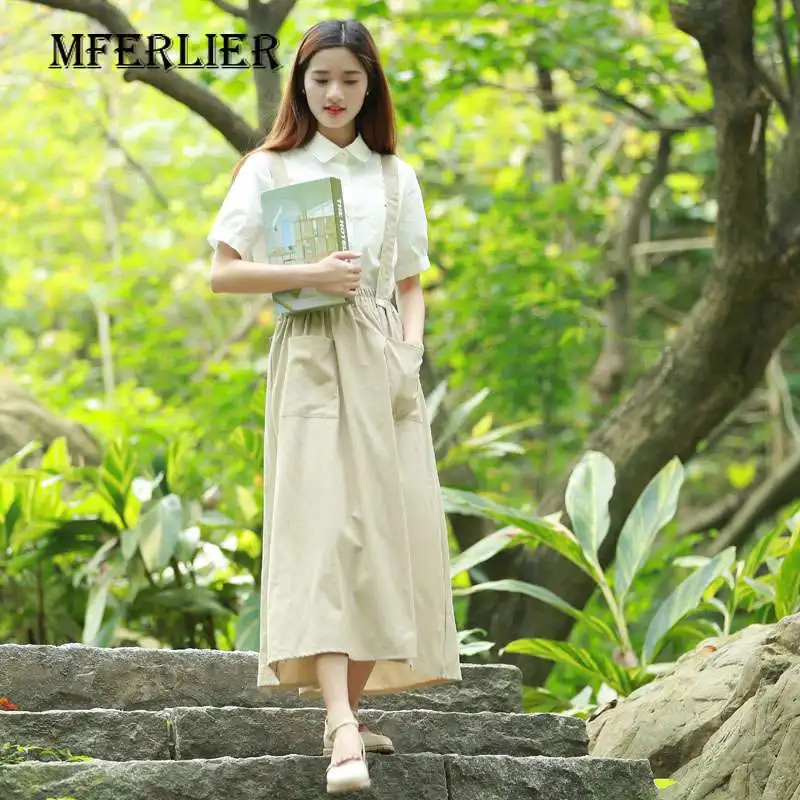 Mferlier, осенняя женская юбка, Длинная с плечевым ремнем, трапециевидная, высокая эластичная талия, карман, Повседневная плиссированная юбка из хлопка и льна