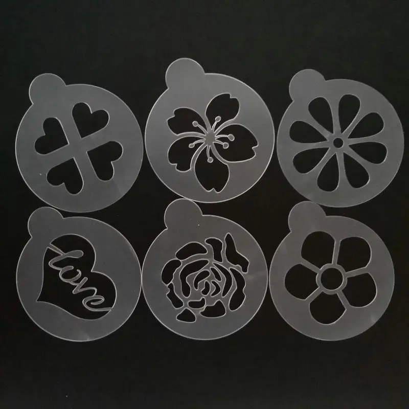 

New Arrival 6pcs/set Flower Heart Design Coffee Stencil Cappuccino Decoration Cookies Latte Coffee Print Mold Barista Tools