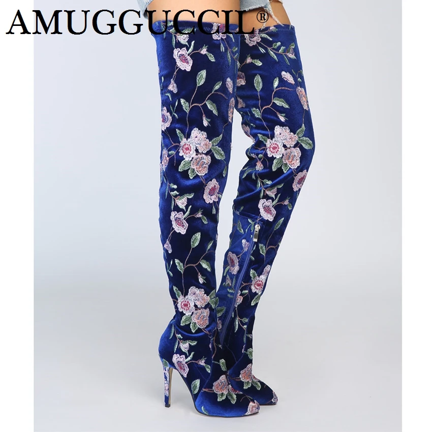 

2019 New Plus Big Size 34-43 Blue Zip Sexy Embroider Thigh High Heel Over The Knee Autumn Winter Female Ladies Women Boot X1751