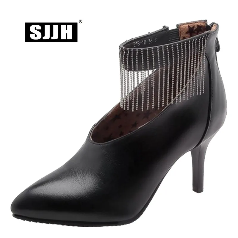 SJJH Woman Roman Stiletto Pumps with Point Toe Soft PU Short Plush Zip Fringe Chain Autumn Fashion Formal Shoes Large Size A1002