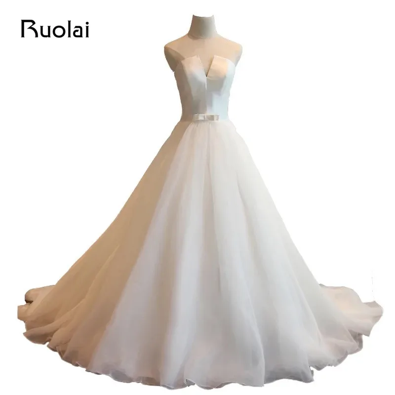 Real Image Elegant Strapless A Line Satin Court Train Lace Up Back Sash Bow Decorated font
