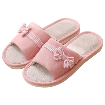 

2019 TZLDN New Breathable Cute Bow Natural Flax Home Slippers Indoor Floor Shoe Linen Lovers Men Women Flat Sandals Shoes