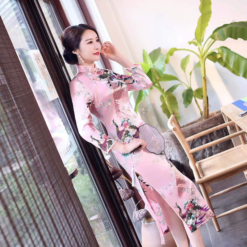 

Pink Bride Wedding Qipao Elegant Chinese Women Print Flower Evening Dress Oriental Female Plus Size 3XL Long Cheongsam Vestidos