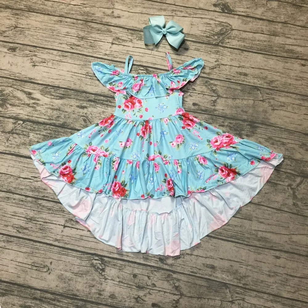 

summer girl clothes SUNKISSED SHOULDER blue floral flower milk silk ruffle baby kids condole belt clothes maxi dress match bow