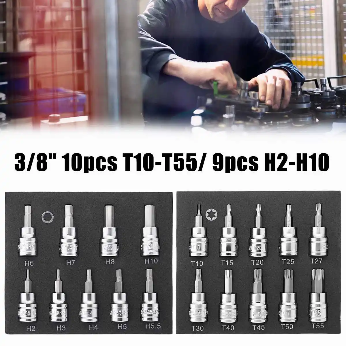 

3/8 Inch Drive Socket 10pcs T10-T55 Torx Socket 9pcs H2-H10 Hex Socket Bit Set Power Tool Kit