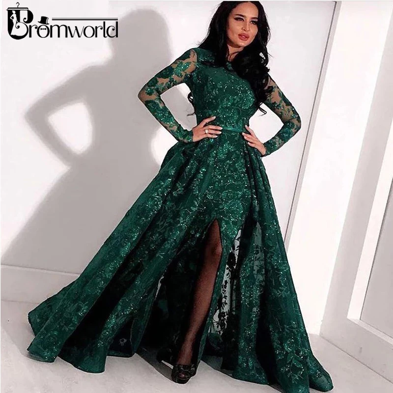 

Green Long Sleeves Muslim Evening Dresses 2019 Lace Sequin Slit Dubai Kaftan Saudi Arabic Elegant Formal Dress Evening Gown