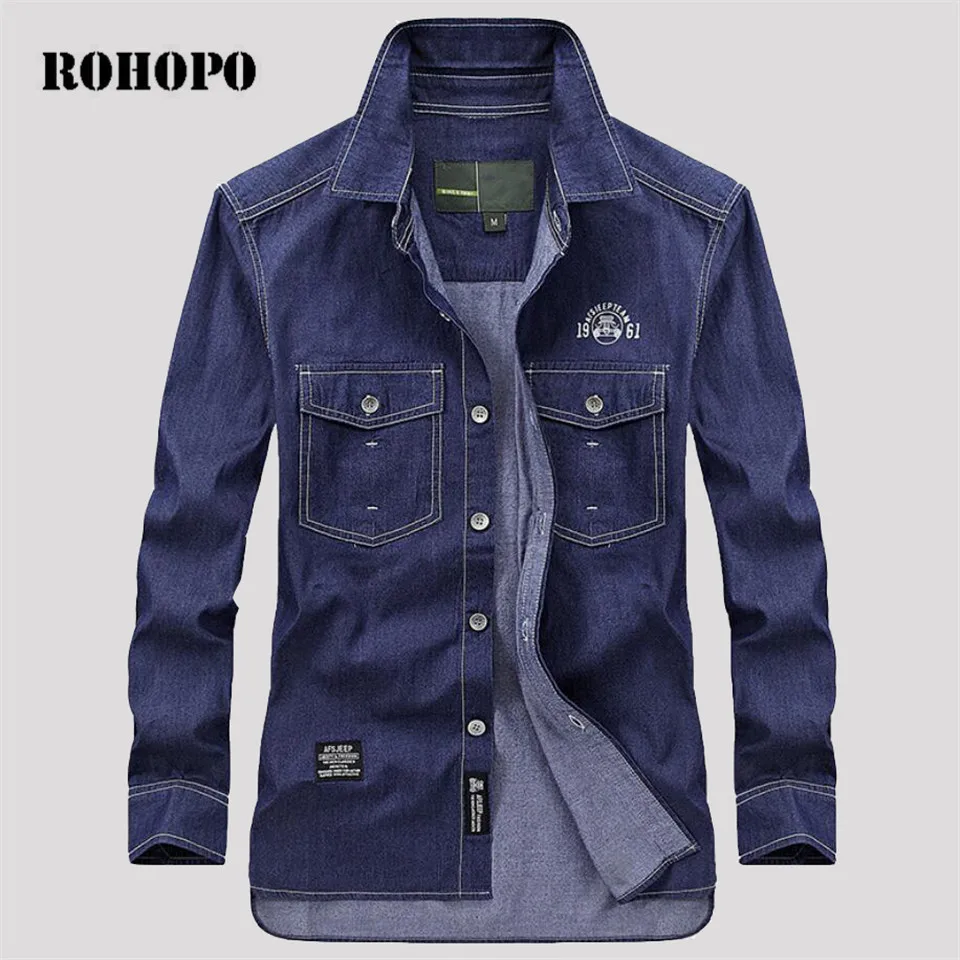 

ROHOPO Spring Irregular Length Fashion Men Cotton Denim Long Sleeve Shirt 2019,Water washed Casual Straight Waist Cotton shirts