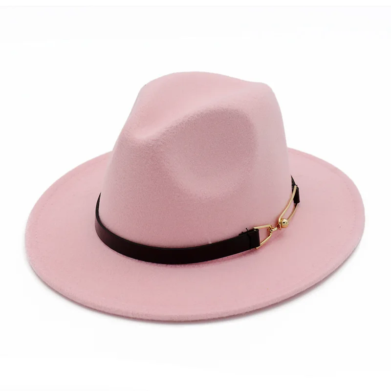 QIUBOSS однотонная окрашенная шерстяная фетровая шляпа с пряжкой на ремне, украшение для мужчин и женщин, джазовая фетровая шляпа, черная Панама, Трилби, унисекс - Цвет: Розовый