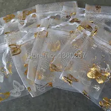 100 шт./партия, белые золотые сумки из органзы с бабочкой, 17x23, упаковка ювелирных изделий, подарочные пакеты, свадебная сумка из вуали