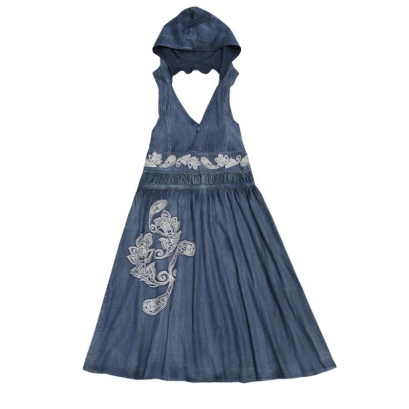Дизайн vestidos модное платье женское праздничное платье из джинсовой ткани с вышивкой элегантное женское длинное платье без рукавов с капюшоном vestido