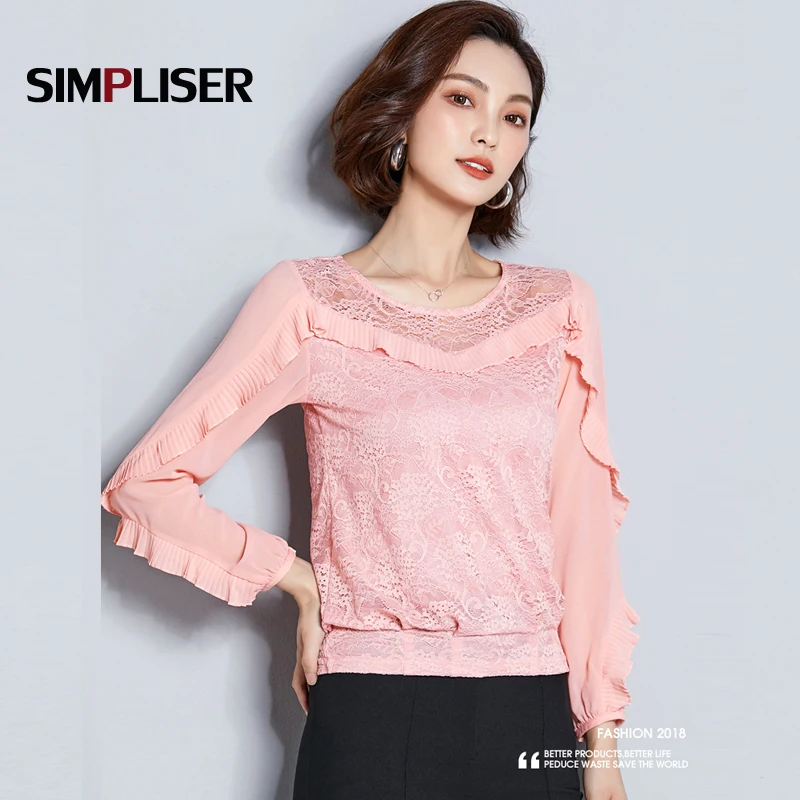 Lace Blouses Women Ruffled Loose Casual Shirts Woman Black Pink Tops Femme Blusas Plus Size 3XL Ladies Summer O-neck | Женская одежда