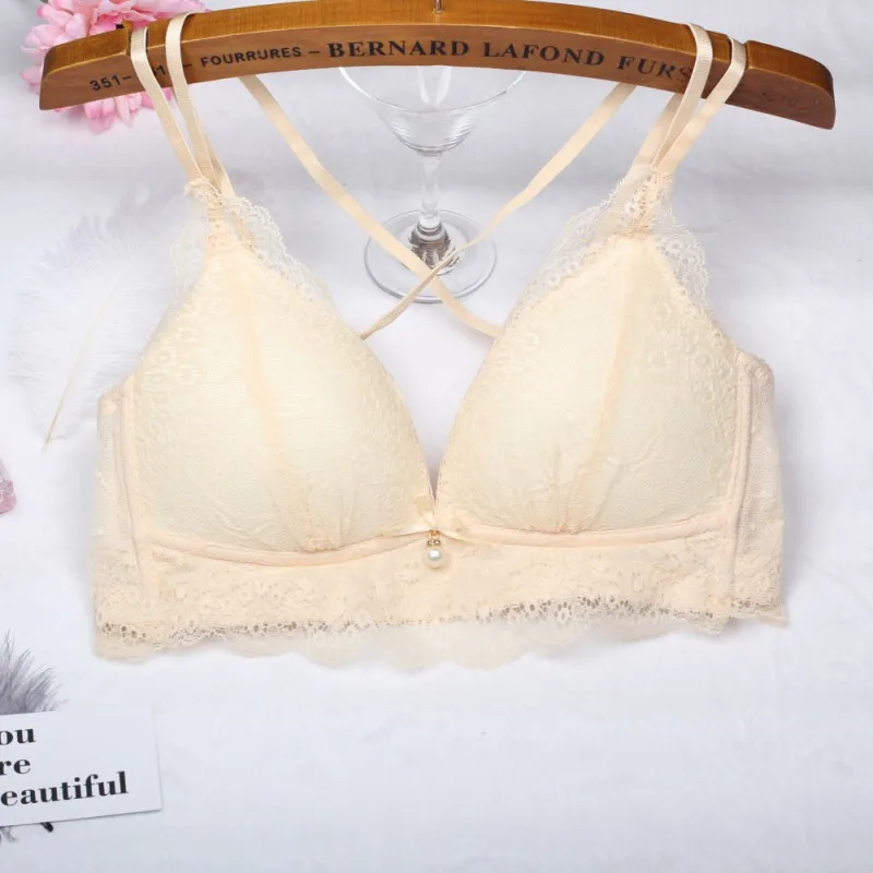 Women Lace Cross Shoulder Straps Bras Bow Triangle Wire Free Padded