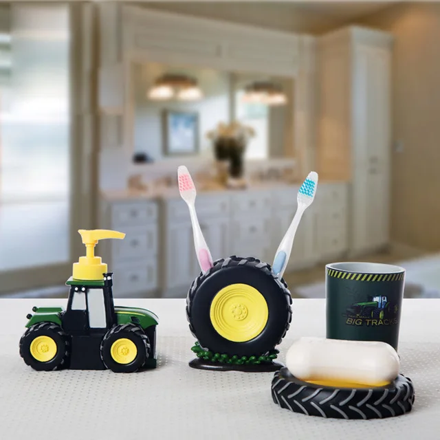 Kid Cartoon Bathroom Sets Accessories Cute Tractor Bathroom Accessory Set Resin Wash Cup Toothbrush Holder 4