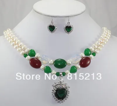 

Free shipping ddh00712 2Rows 7-8MM Pearl Zircon Opal Bridal Wedding Jewelry Necklace Earring Set