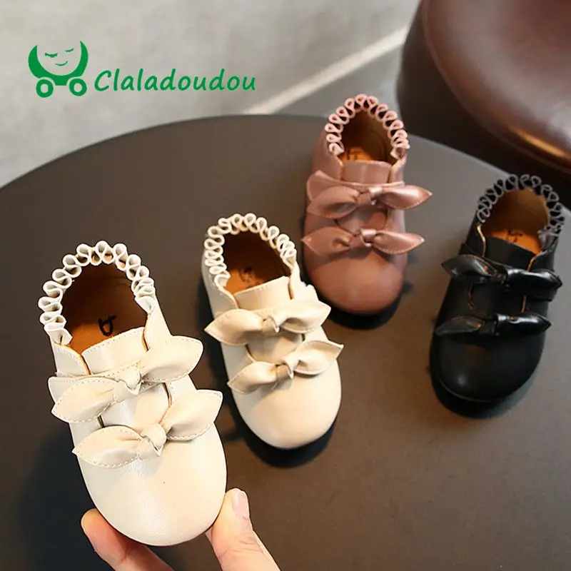 

Claladoudou 14-16cm brand fashion girls boot double bowties beige black pink toddler boots pure ruffles princess kids booties