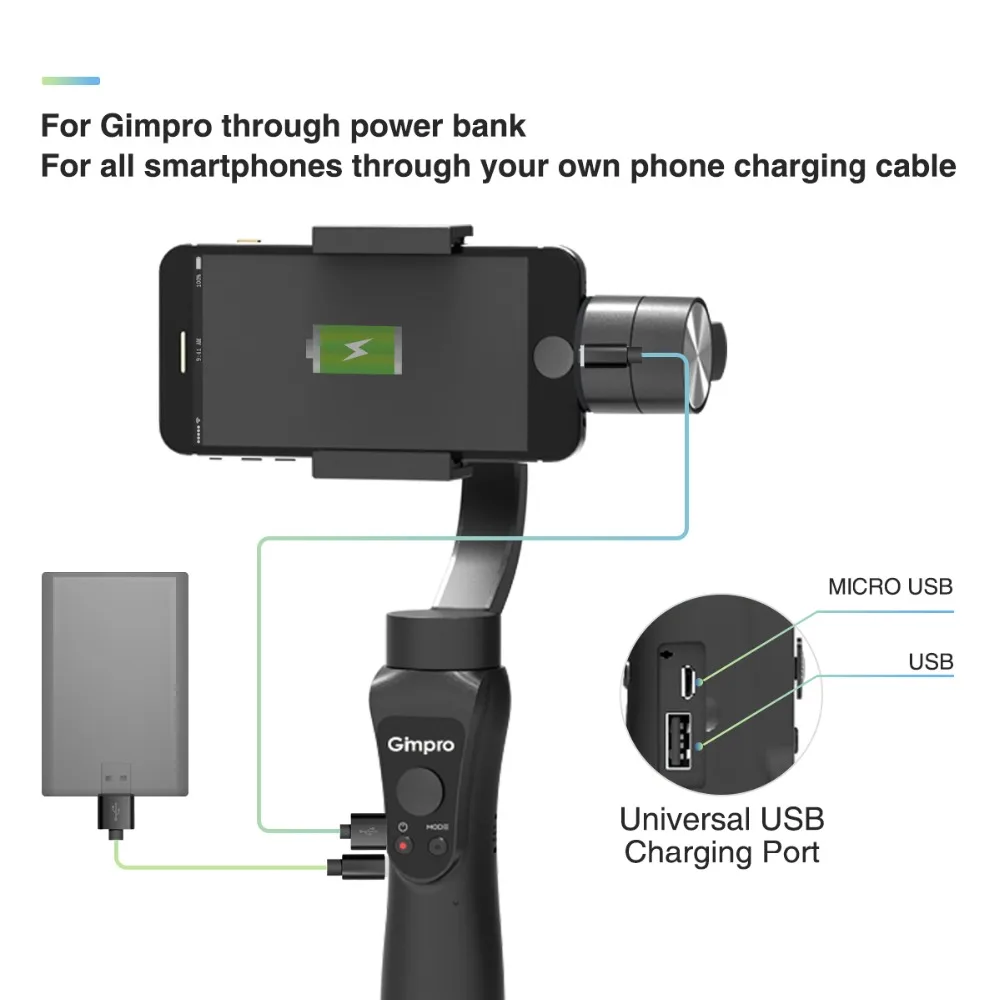  Gimpro ONE 3-Axis Gimbal Stabilizer for Smartphones up to 6'' 210g like 6/7/8/X & Android Phones Go