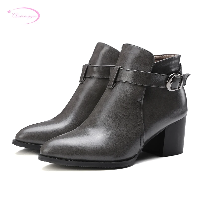 

Chainingyee street sexy pointed toe ankle boots fashion belt buckle decorated med with yellow grey black women's riding boots