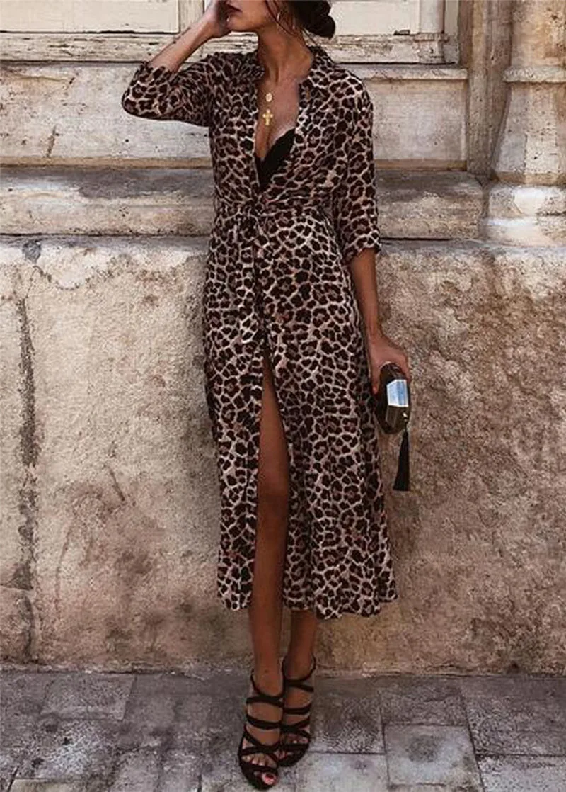 Женская рубашка с длинным рукавом, макси платье, повседневное леопардовое платье с v-образным вырезом, платье с разрезом на поясе, рубашка с длинным рукавом, макси платье, повседневное леопардовое платье
