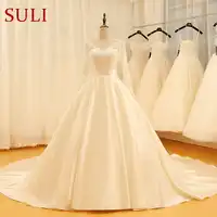 SL-523 Backless V Neck Illusion Full Sleeve Satin Lace Wedding Dress 2018