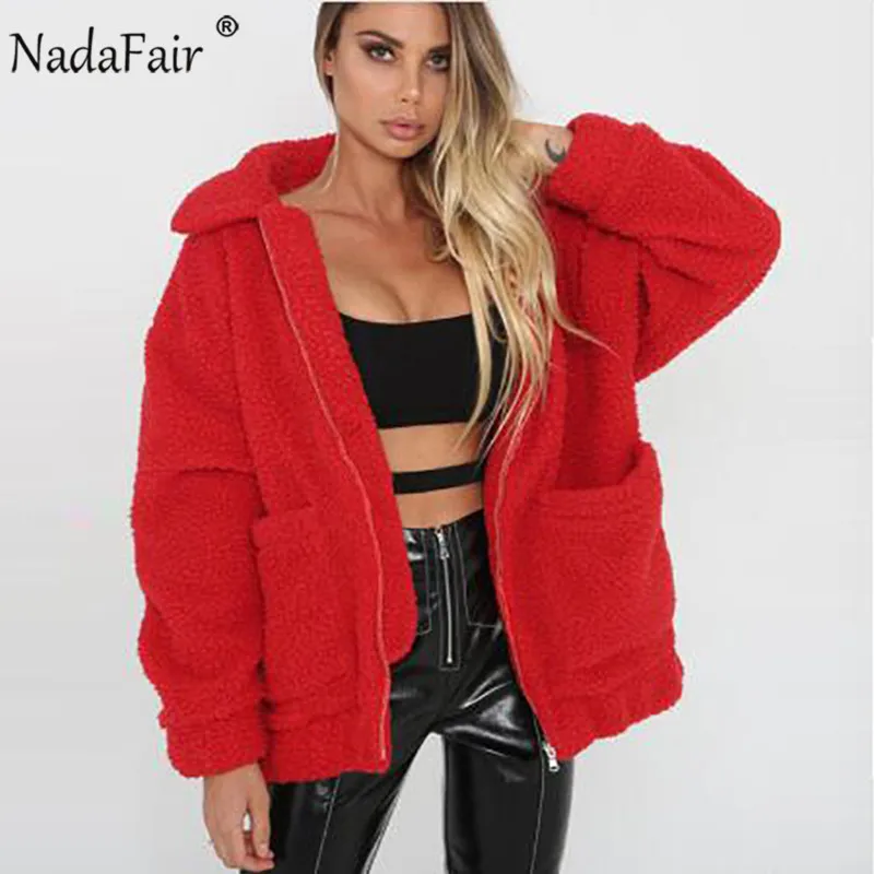 Nadafair زائد حجم الصوف فو Shearling الفراء سترة معطف المرأة الخريف الشتاء أفخم الدافئة سميكة تيدي معطف الإناث عارضة معطف