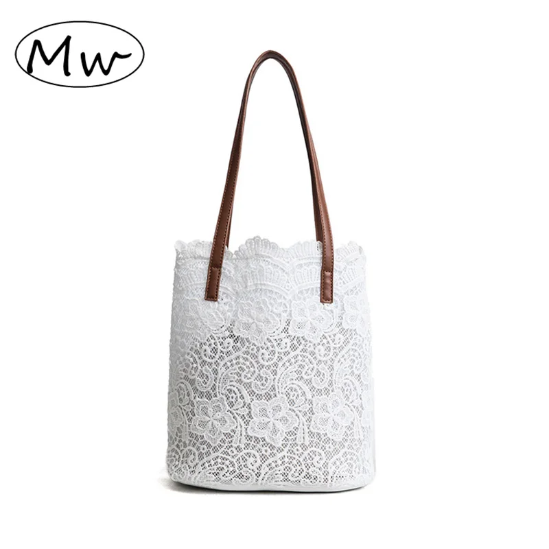 

Fashion Summer Lace Shoulder Bag Women White Black Bucket Handbag Drawstring Large Tote Bags sac a main Casual Female Hand Bag