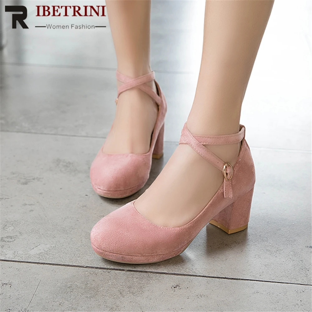 

RIBETRINI New Fashion Large Size 32-43 Mary Janes Pumps Woman Shoes Chunky Heels Office Lady Shoes Woman Pumps Female