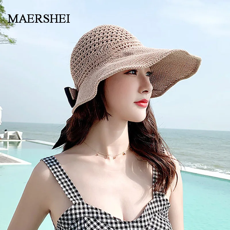 

MAERSHEI Straw Solid Ladies Cap Adjustable Bow Decoration Sun Hat Snapback Folding Gorras Hip Hop Women Sun Bonnet