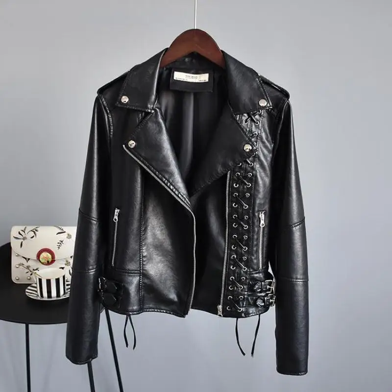 

Women Slim Biker Leather Jacket 2019 New Autumn Long Sleeved Black Short Pu Coats Ladies Braided Rope Motorcycle Jackets Clothes