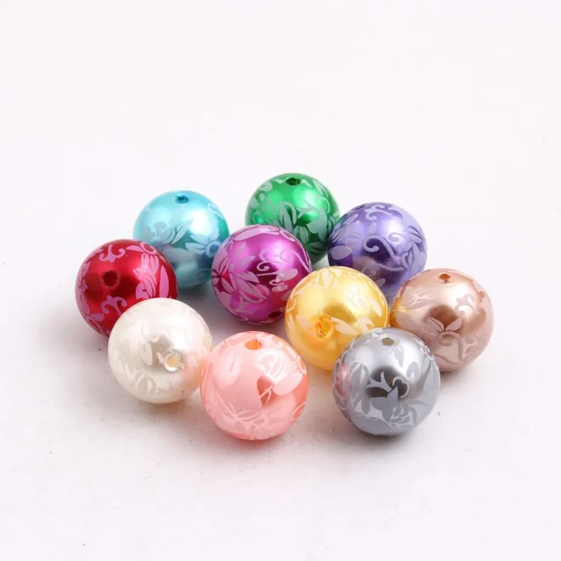 

20mm 100pcs/bag Round Acrylic Pearl Print white Flower Beads For Kids Necklaces Fashion Jewelry Making!