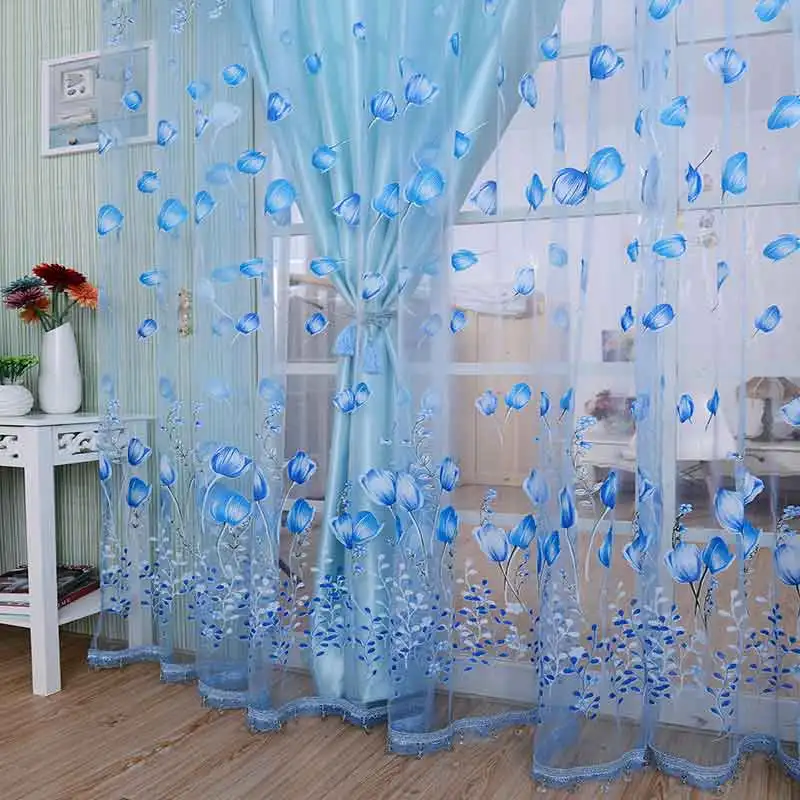

Sun-shading curtain Printed Tulip Pattern Window Curtains Sheer Voile Tulle for Bedroom Living Room Balcony Kitchen Home Decor