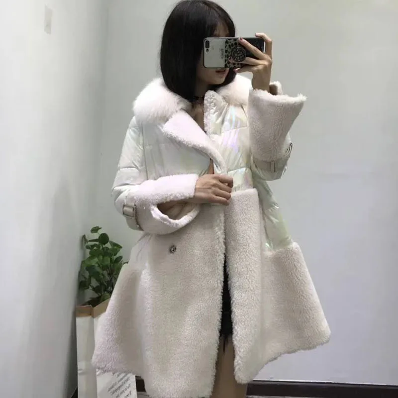 Пальто из натурального овечьего меха размера плюс корейский abrigo mujer белый пуховик юбка Стильная парка с отложным воротником с натуральным лисьим мехом - Цвет: 2