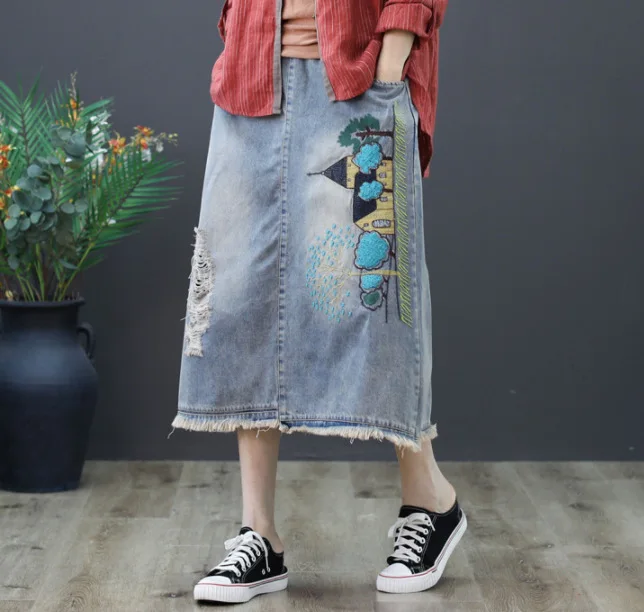 

2019 spring summer new literary retro hole embroidery denim skirt mori girl zm