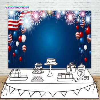 

American Flag Balloons Photography Backdrops Gorgeous Fireworks Blue Background For Independence Day Party Decoration Photocall