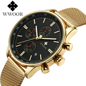 

WWOOR Top Brand Luxury Men's Business Watch Waterproof Chronograph Gold Watches Men Full Steel Mesh Quartz Wristwatch Men