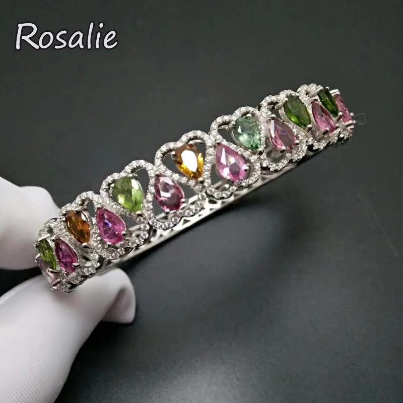 

Rosalie,925 sterling silver bangle with natural colorful 6ct tourmaline fine jewelry for women anniversary birthday party gift