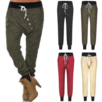 

Women's Elastic Waist Buttons Harem Pants Solid Color Ladies Casual Trousers WOMYH0039