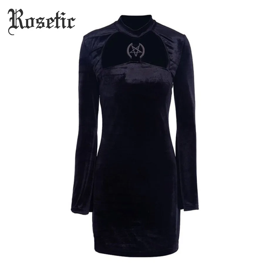 

Rosetic Gothic Pentagram Dress Women Hollow Out Stylish Hipster Sexy Black Party Elegant Goth Sexy Velvet Club Female Dresses
