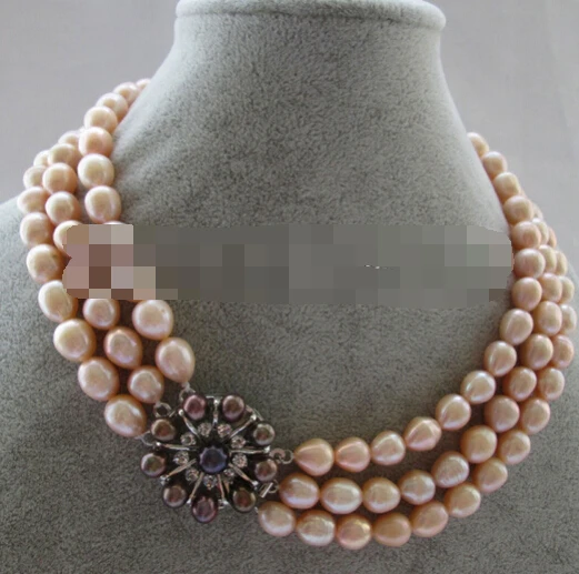 

Jewelr 004730 17-19" 3row 9-11mm pink rice shape freshwater pearl necklace - black pearl clas