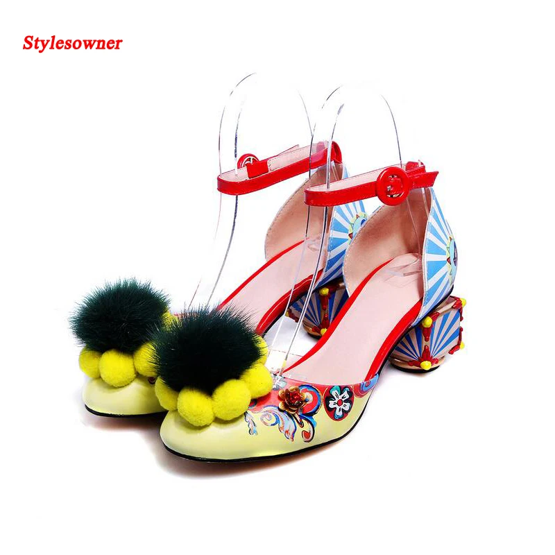 Stylesowner Pom-pom Multi Color Squared Heel Women Shoes Graffiti Leather Folk Style Side Empty Wedding Shoe Tide Designer Shoe