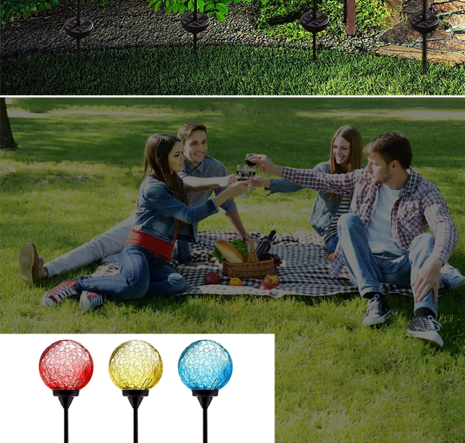 Crepitar de Vidro Solar ao ar Mudança da Cor da Decoração do Aço Luzes do Jardim Luzes Caminho Solar Globo Lâmpada Livre Inoxidável Gramado 11 Lâmpada Solar Ao Ar Livre Mudança Da